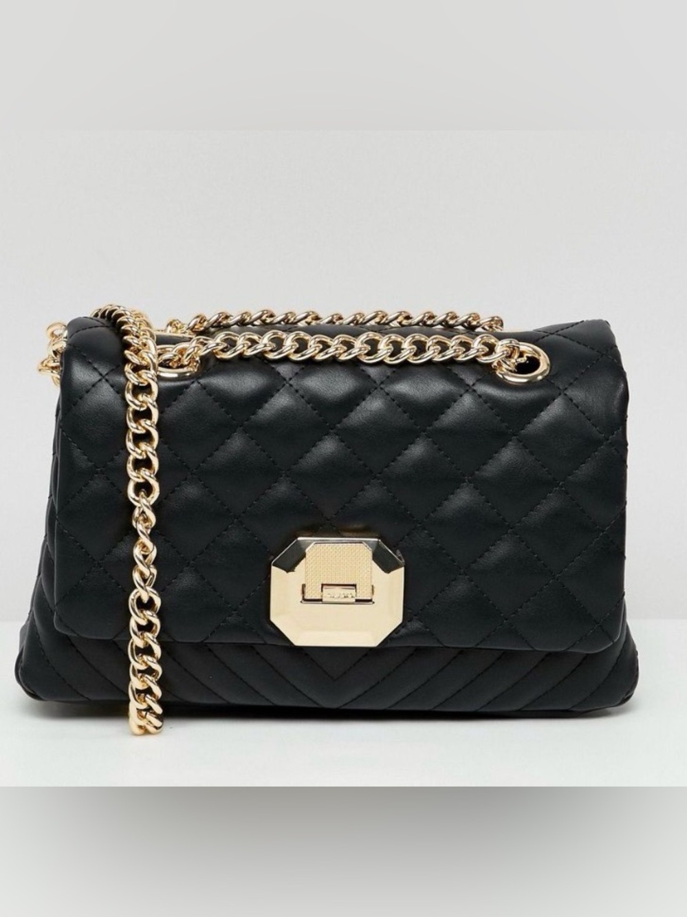 Aldo Menifee Black Quilted Cross Body Bag With Double Gold Chunky Chain Strap